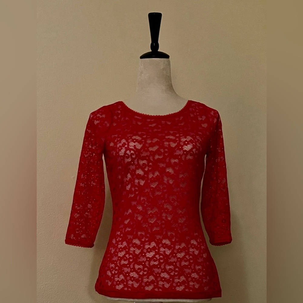 Wolford Red blouse, long sleeve Casual, size small petite lace see through
